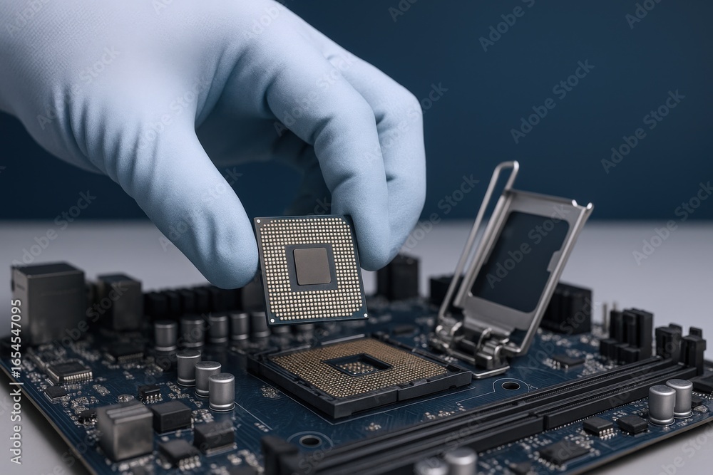 Poster technician installing cpu on motherboard with protective gloves, high-tech hardware component upgrad