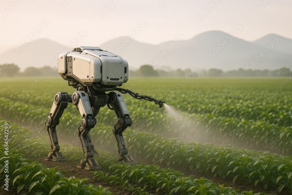 Poster agricultural robot spraying crops in field: future of farming technology with advanced automation