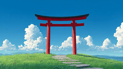 Serene landscape with a red torii gate under calm blue skies, showcasing an illustration in a lo fi style that evokes tranquility and reflection