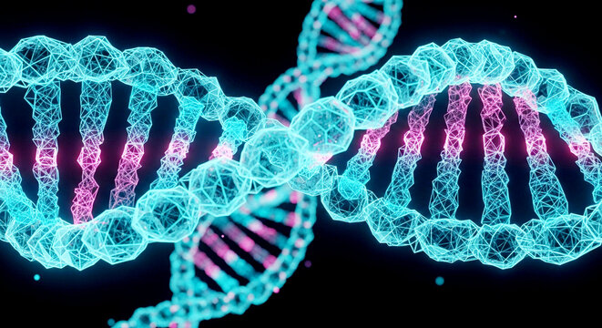 Vibrant Glowing DNA Double Helix: Abstract Genetic Code Visualization for Biotechnology and Scientific Research