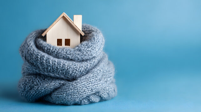 Home in a knitted scarf on a blue background, Concept of the heating system in a winterized house. keeping warm in the house