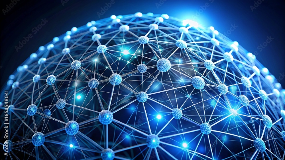 Poster futuristic blue and white spherical structure with interconnected nodes, symbolizing networks.
