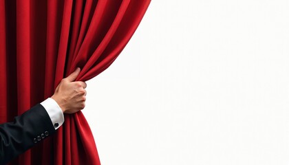 Man in suit pulls open red velvet curtain revealing white space. Offers dramatic entrance, premiere, or performance reveal. Highlights theatre, cinema, or stage presentation. Luxury fabric drape.