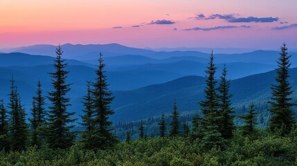 Mountains with trees in foreground under a colorful sky at dusk or dawn.