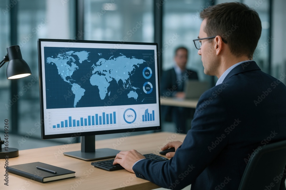 Poster business professional analyzing global data on computer display in modern office environment