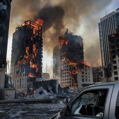 City on Fire with Skyscrapers Destroyed After Disaster Concept Illustration