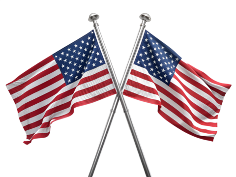 Two crossed national flags on silver poles with a transparent background