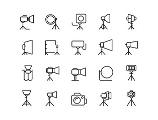 Fototapeta premium Collection of Black Outline Photography Lighting Equipment Icons on White Background studio lights