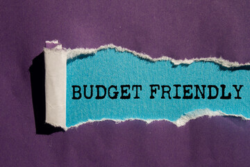 Budget friendly message written on ripped torn purple paper on blue background. Conceptual budget...