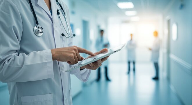 Medical professional using tablet in hospital hallway with colleagues in background