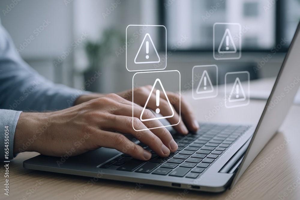 Poster typing on laptop with warning icons overlay, displaying cybersecurity threats and data protection is