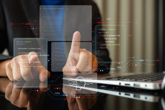 Artificial Intelligence technology for education. Modern digital learning, courses for developing new skills and e-learning. Man learning lessons and online seminars on smartphone and laptop.