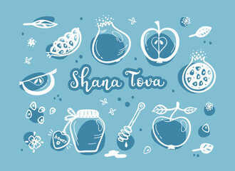 Festive Blue White Greeting Card with Pomegranate, Apples and Honey. Holiday Design