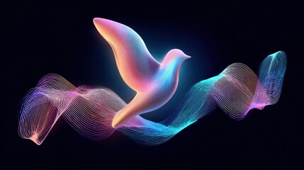 Abstract Dove Illustration with Flowing Light Waves on a Dark Background, Symbolizing Peace