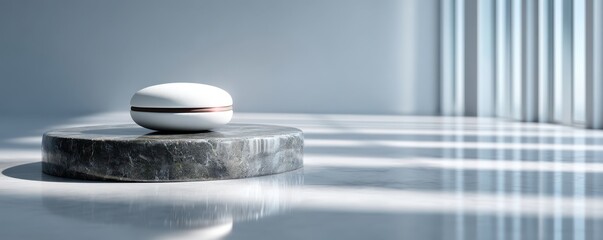 Minimalist white massage roller on a stylish stone platform in bright lighting