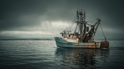 Naklejka premium Fishing Vessel on Calm Waters Under a Dramatic Sky, Showing the Hardships of Life at Sea