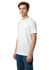 Obraz premium Young Man in White T-Shirt Smiling, Transparent Background, Horizontal