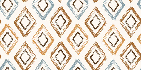 Vector Abstract Grunge Argyle Seamless Pattern. Rhombus Diamond Seamless Background with Paint Brush Strokes in Earth Tones Palette. 