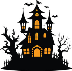 Haunted House Silhouette Vector – Spooky Halloween Ghost Mansion Illustration