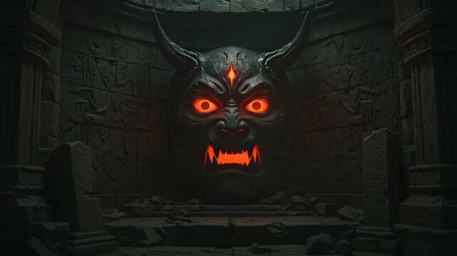 A sinister, demonic mask glows ominously in a crumbling, ancient ruin.