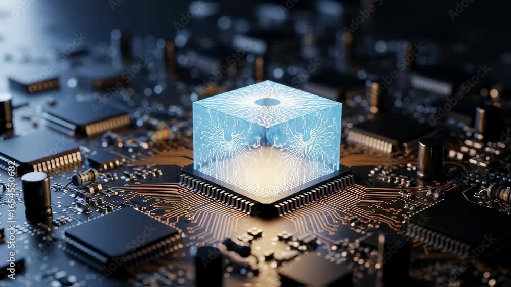 Aufkleber conceptual glowing neural microprocessor integrated into electronic circuit platform.