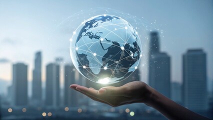 Global business connection in your hand with a futuristic cityscape background for a modern touch of innovation