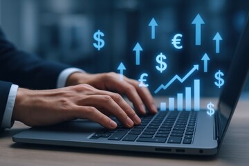 Business Growth Strategy: Man Typing on Laptop with Financial Success and Investment Icons