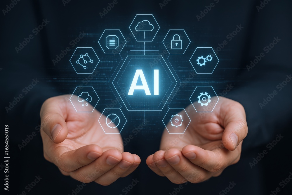 Aufkleber ai technology innovation: man holding holographic interface displaying artificial intelligence netwo