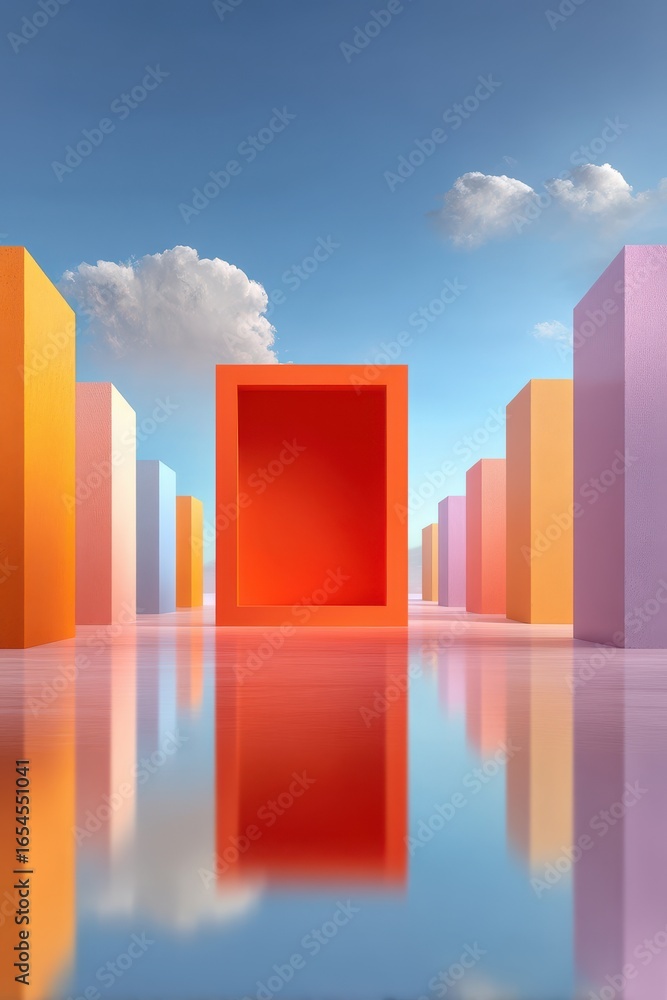 Poster Abstract architecture with colorful geometric shapes and vivid reflections