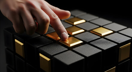 Unlock success pressing gold button on stylish black textured cube grid