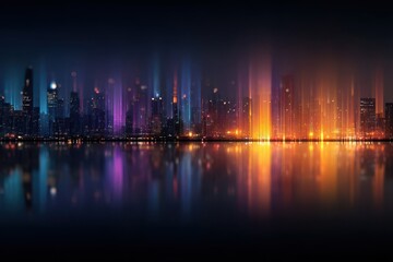 Vibrant city skyline with colorful reflections and abstract light patterns