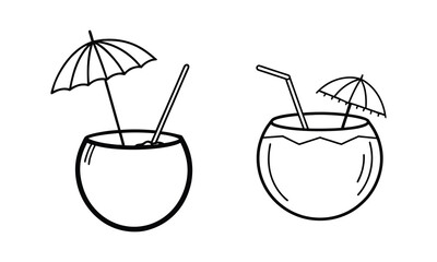 Summer coconut drink icons vector design. Coconut drink icons with straw and umbrella vector art. Summer coconut drink with straw and umbrella silhouettes
