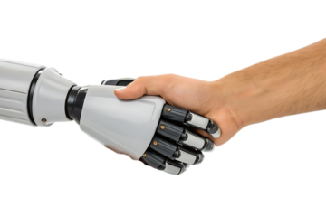 A close up of a human hand shaking a robot hand on a black background in a studio setting shot