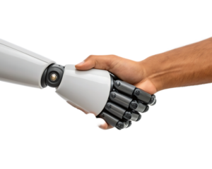 A close up of a robot hand and a human hand shaking in front of a black background in a studio shot