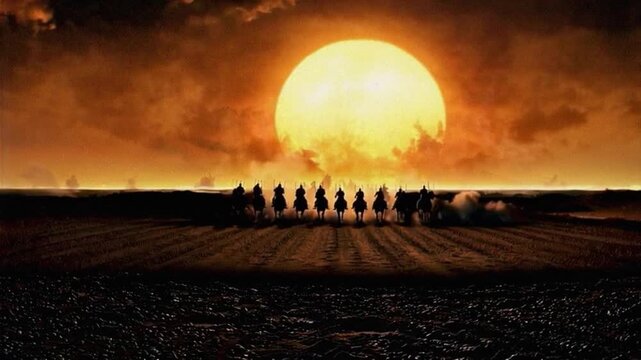 Silhouettes of horse riders charging at sunset, dramatic desert scene symbolizing power, unity, and ancient warriors