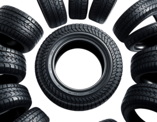 Close up of a collection of new car tires arranged in a circular pattern