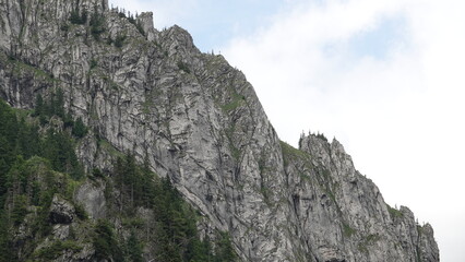 Widok wysokich i ostrych gór na tle niebieskiego nieba i z widocznymi porośniętymi lasem zboczami © tomo81