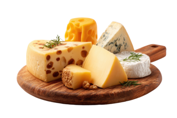 Assorted cheeses on wooden board