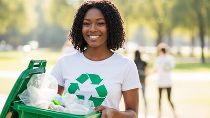 A smiling Black woman wearing a t-shirt with a recycling symbol, holding a green recycling bin full of plastic bottles.