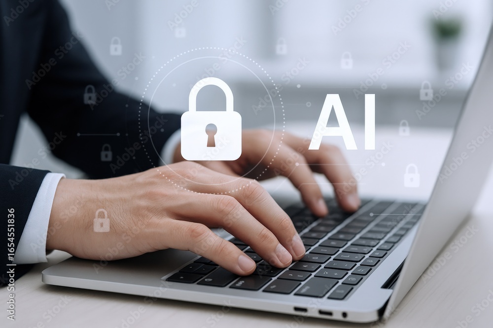 Poster ai cybersecurity: man typing on laptop with padlock icon representing data protection and security