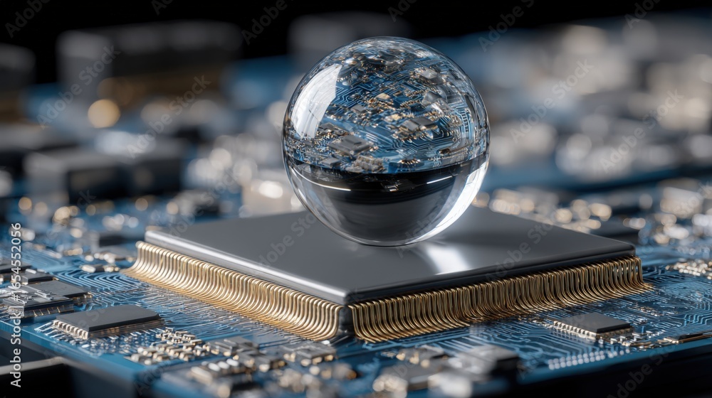 Poster high-tech microchip with crystal ball reflecting circuitry: innovation, technology, and future conce