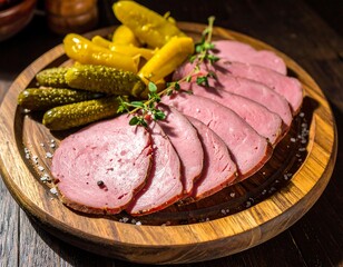 Sliced Smoked Meat with Pickles on Wooden Plate.