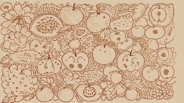 A detailed, line-art design of various fruits and plants
