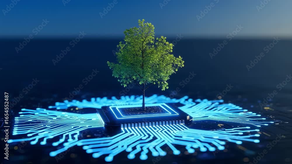 Poster environmental technology theme with glowing computer circuit and a delicate growing tree