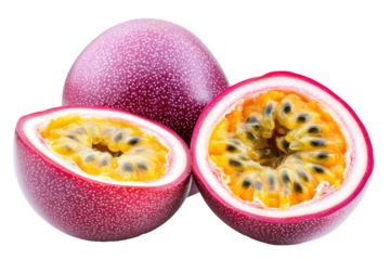 Passion fruit, showcasing the vibrant pulp and seeds, ready to enjoy in all its glory.