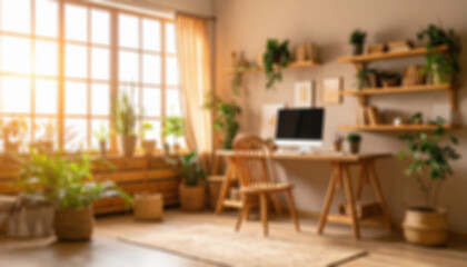 Fototapeta premium Blurry wallpaper - Modern home interior design with wooden furniture and stylish decor in a single room