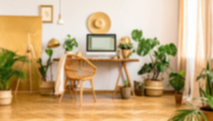 Blurry wallpaper - Modern home interior design with wooden furniture and stylish decor in a single room