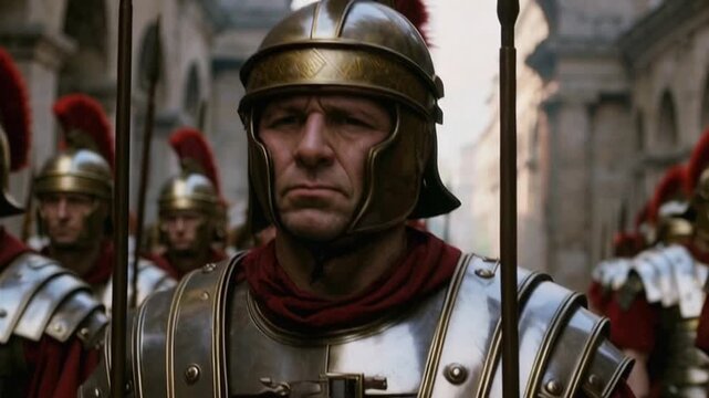 Portrait of a Roman soldier with stern expression, representing military tradition, loyalty, and historical warfare