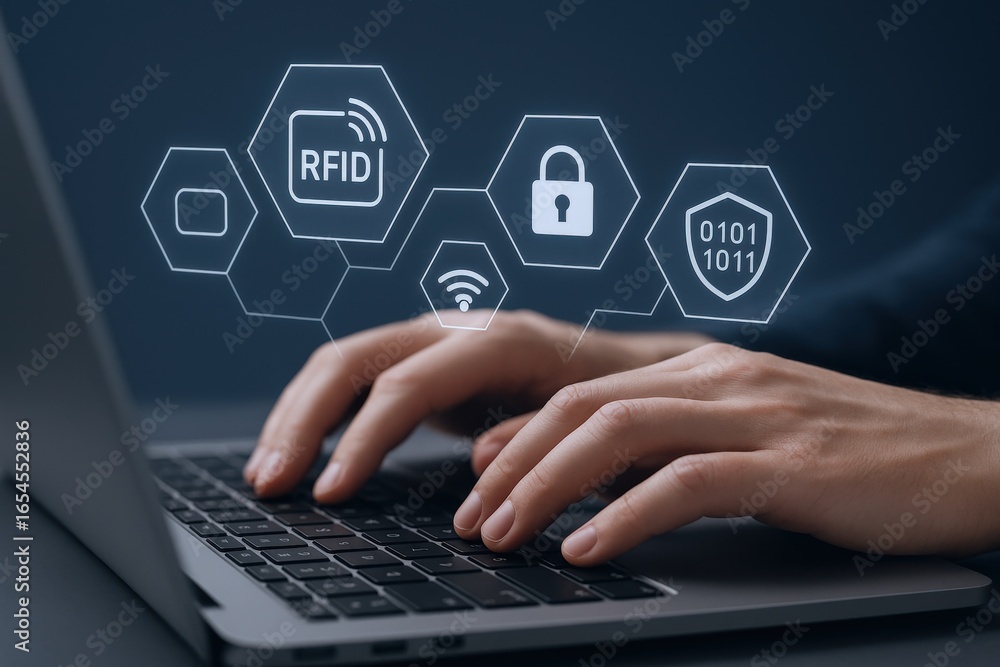Aufkleber data security concept: person typing on laptop with security icons displayed for access control