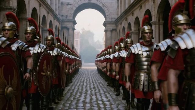 Roman legionaries lined up in formation under an archway, symbolizing discipline, military power, and the glory of ancient Rome